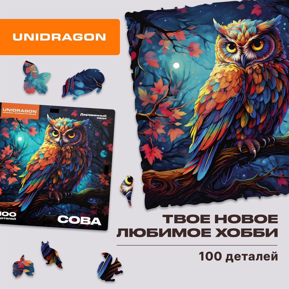 Деревянный пазл для взрослых и детей UNIDRAGON Smart DIY Сова Подарок 14x14 см, 100 деталей / Уникальная #1