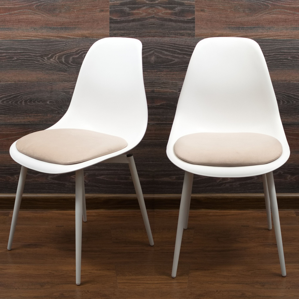 Комплект из 2 стульев ТУССЕ белого цвета, с мягкой бежевой сидушкой, на белых металлический ножках  #1