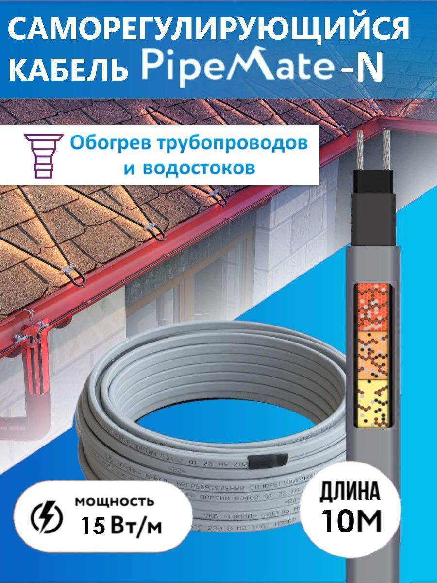 ГреющийкабельсаморегулирующийсядляобогреватрубопроводовиводостоковPipeMate-N,15Вт/м,10м.