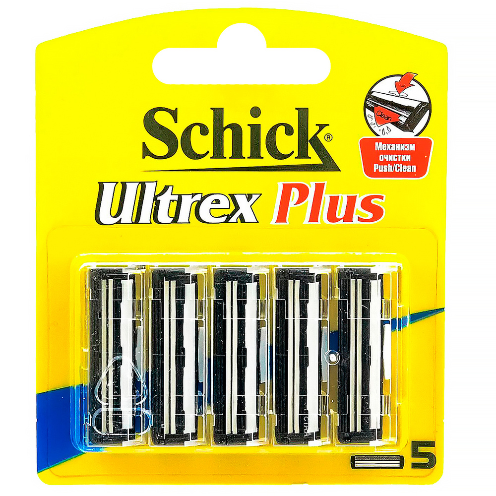 Schick Сменные кассеты "Ultrex Plus", 2-лезв., увл.полоска, система очистки Push/Clean (5 сменных кассет) #1