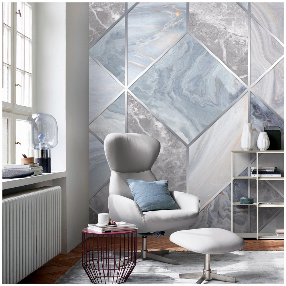 Фотообои Мраморная плитка в серых тонах/ Красивые уютные обои на стену в интерьер комнаты/ 3Д расширяющие #1