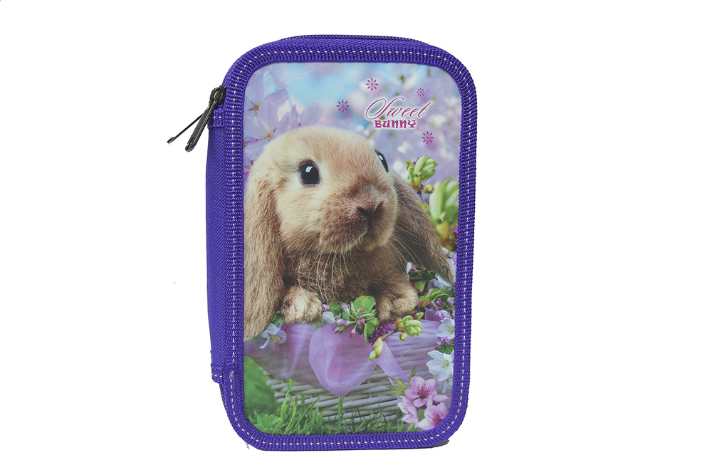 Пенал Кролик в корзинке 3-х секционный фиолетовый 11.5х19.5х6.5  #1