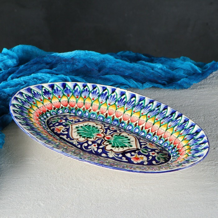 Блюдо Риштанская Керамика "Узоры", 34 см, разноцветное, овальное  #1
