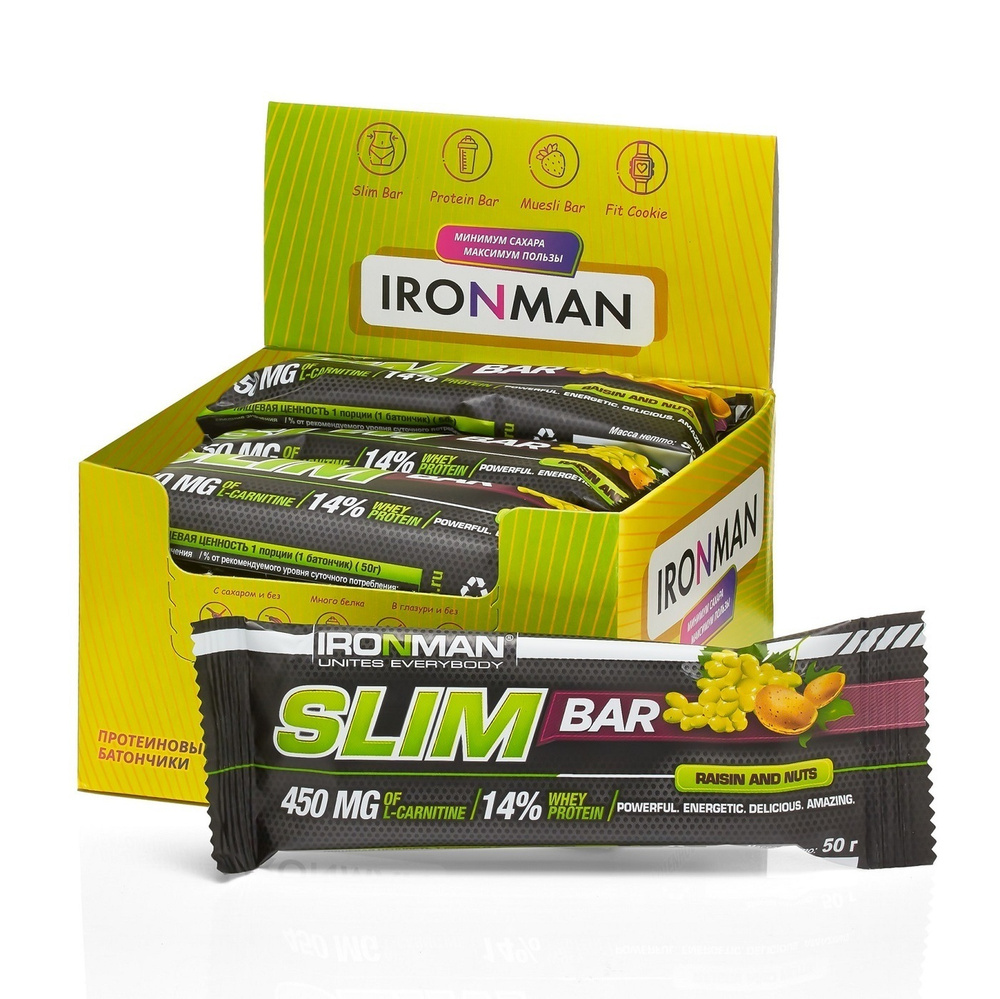 Протеиновые батончики Изюм - орех бокс 12х50 г с L-карнитином Slim Bar IRONMAN / ПП / питание для похудения #1