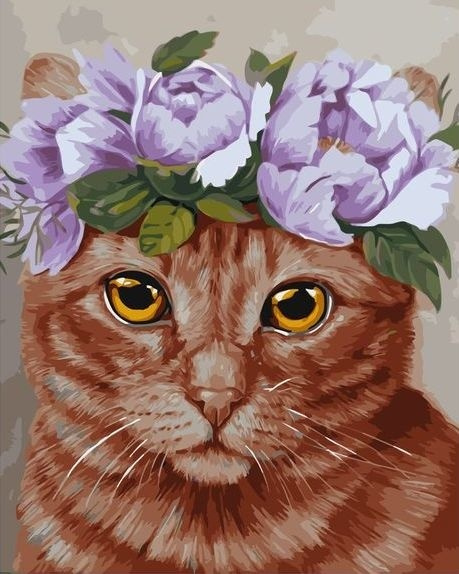 Картина по номерам на холсте 40x50 с подрамником. 40 х 50 : Colibri - кошки. Рыжий кот с венком из роз #1