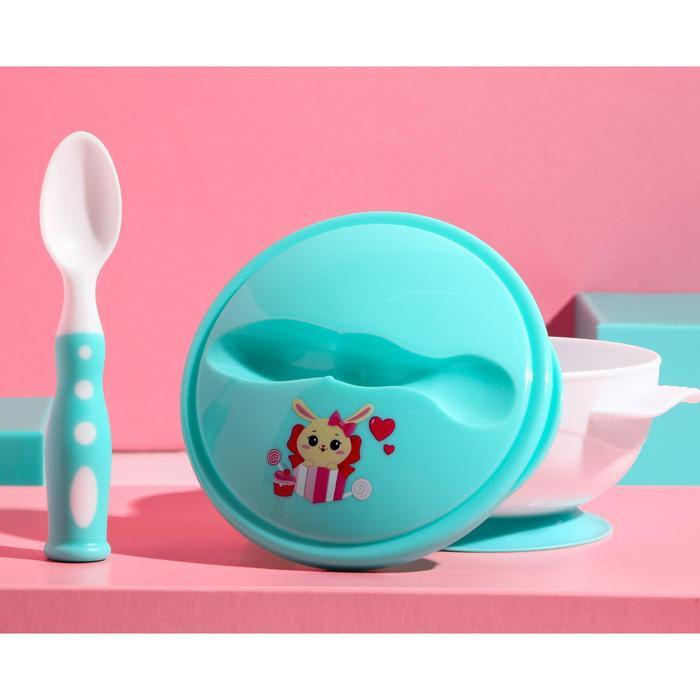 Набор детской посуды Зайчик, 3 предмета: тарелка на присоске, крышка, ложка, цвет бирюзовый  #1