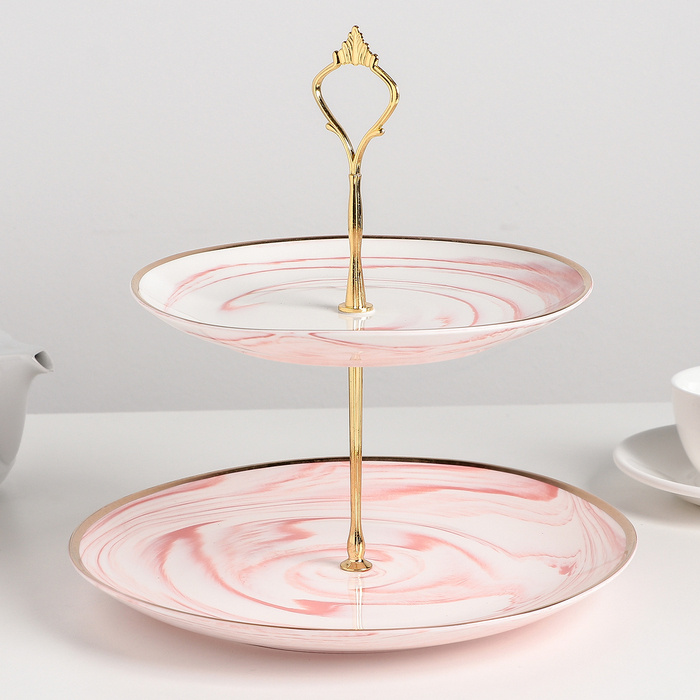 Блюдо керамическое 2-х ярусное Мрамор , d 20,5/25 см, цвет розовый  #1