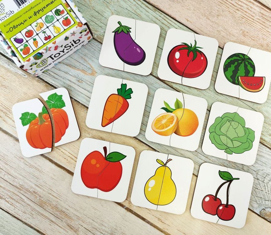 Картинки-половинки ToySib "Овощи-фрукты", 20 деталей из дерева для развития логики у малышей  #1