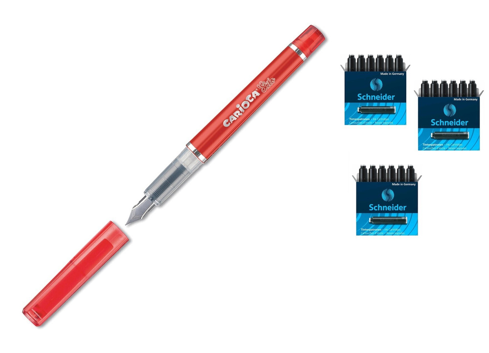 Ручка перьевая красная CARIOCA "Stilo", 3 синих картриджа в блистере с ручкой + 18 черных картриджей #1