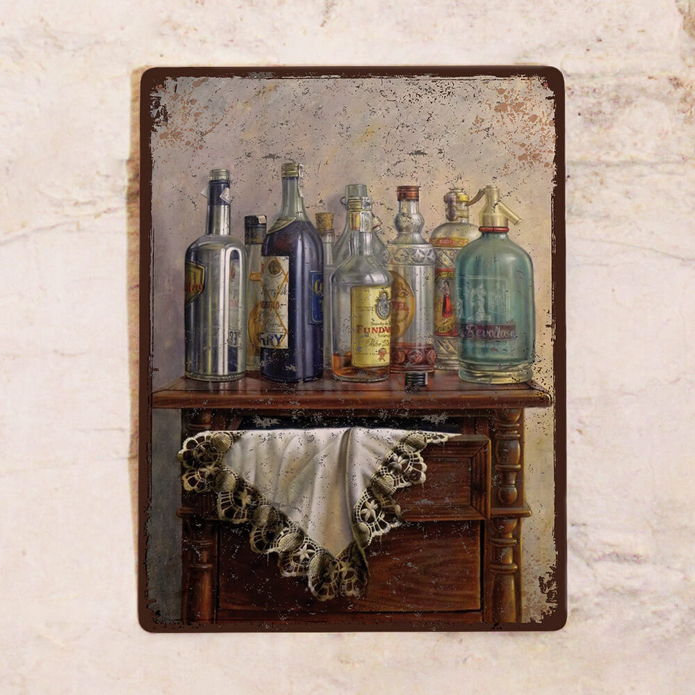 Жестяная табличка Натюрморт с бутылками, металл, 20х30 см  #1