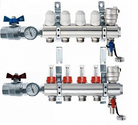 Блок коллекторный 1" на 4 отв. 3/4" с термостат. вст., расходомерами, кранами c термометрами  #1