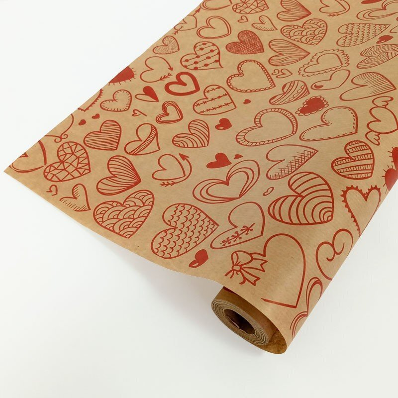 Крафт-бумага, упаковочная 40г, 0,72 x 2 м, принт Сердечки фигурные Красные  #1