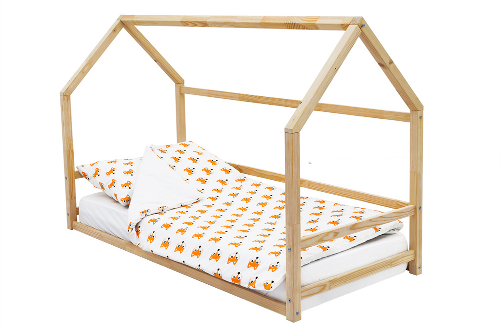 Кровать домик детская, массив (эмаль), 160х70, Монтессори натура  #1