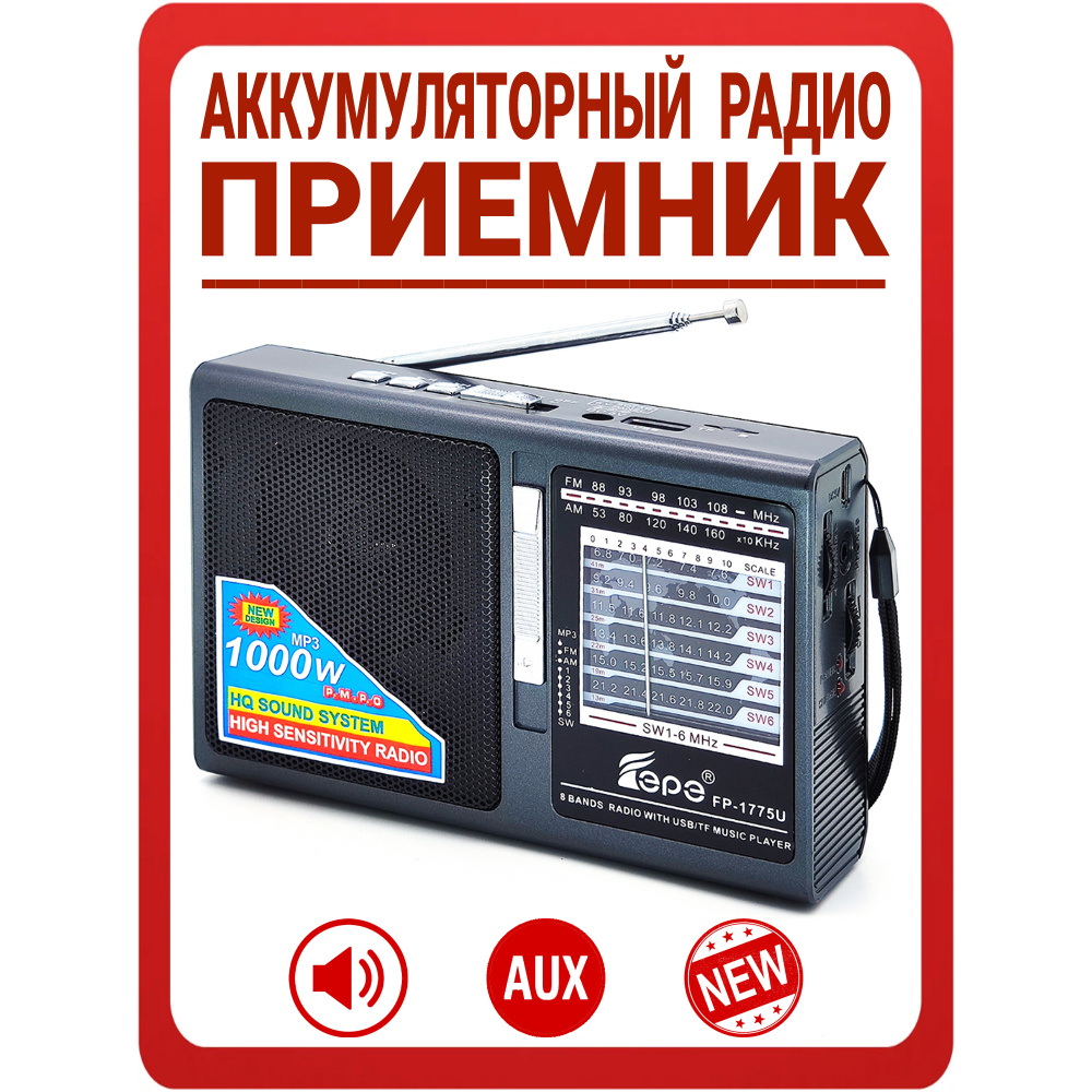 Приемник радио с аккумулятором / Радиоприемник аккумуляторный Fepe: AM, FM (88-108 MHz), SW, AUX 3.5mm, #1