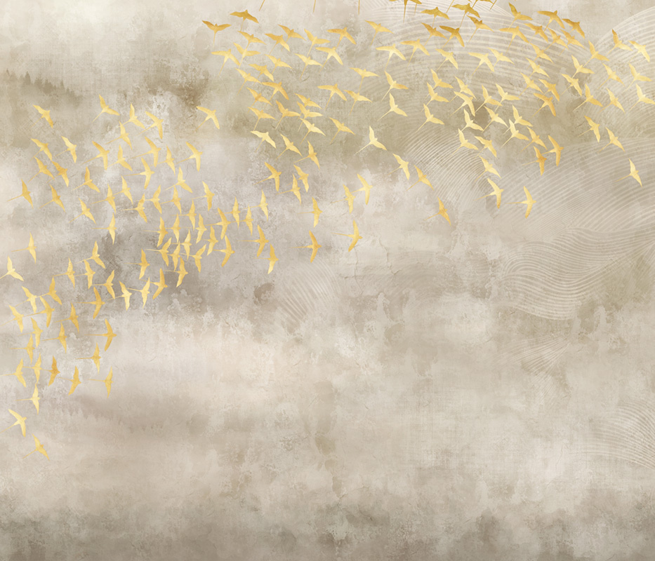 Фотообои флизелиновые на стену 3д GrandPik 52423 Лофт "Стая золотых птиц" (ШхВ), 300х260 см  #1