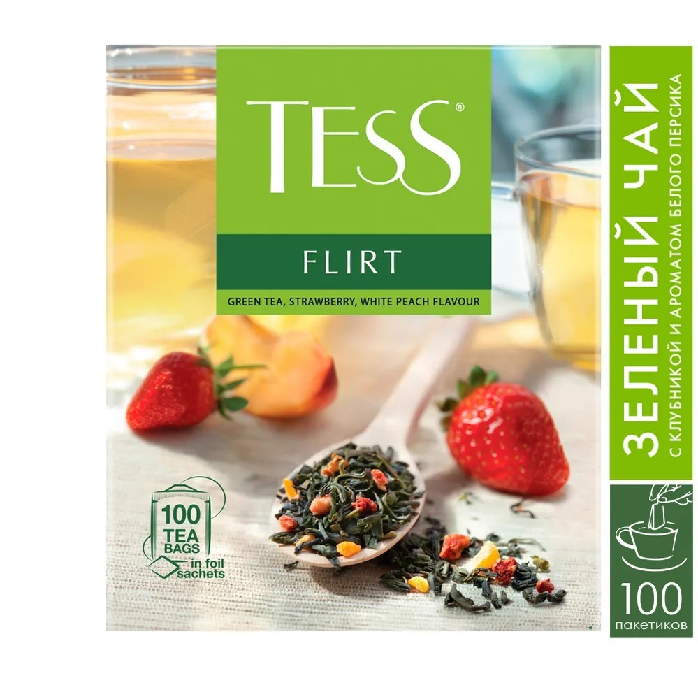 Чай в пакетиках зеленый Tess Flirt с клубникой и ароматом белого персика, 100 шт  #1