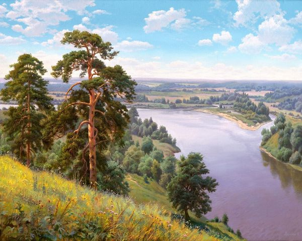 Картина по номерам 40х50 см на подрамнике "Пейзаж с видом на широкую реку" DVEKARTINKI  #1