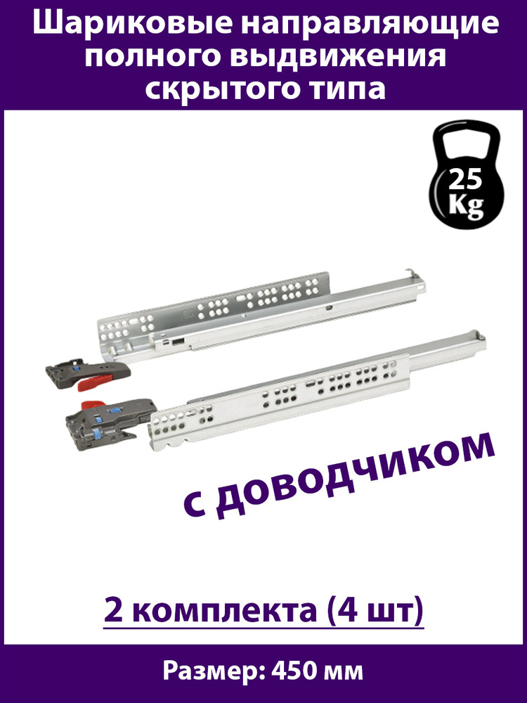 Направляющие скрытого типа для ящиков 450 мм с Доводчиком, нагрузка 35 кг, 2 комплекта (4 шт)  #1