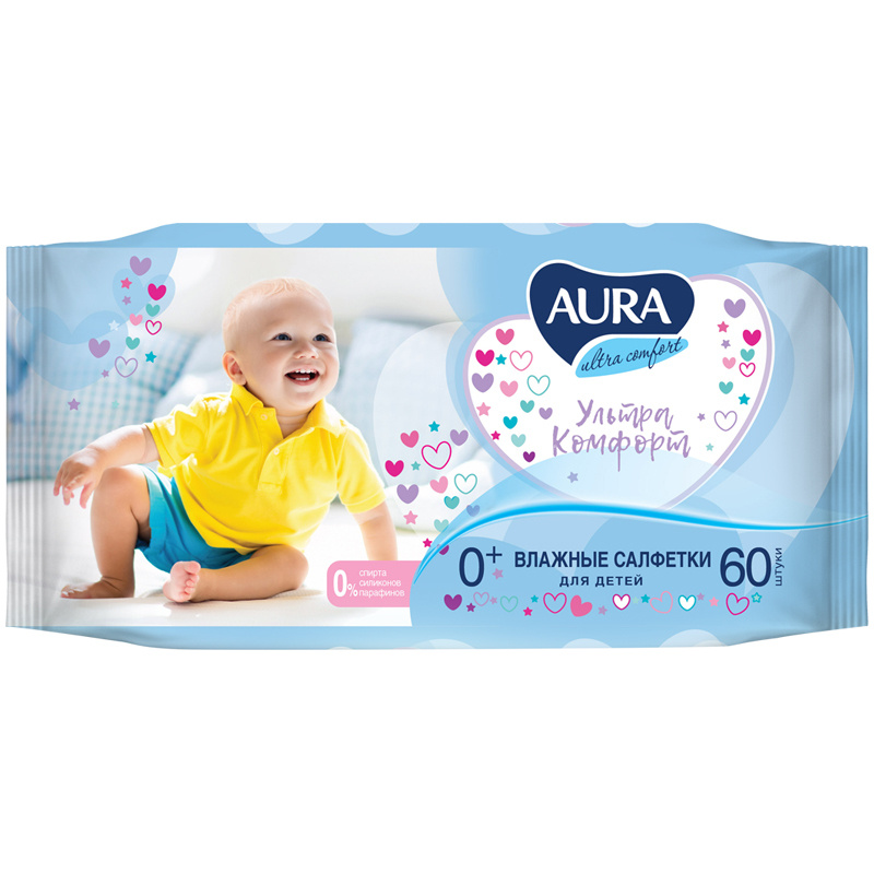 12 шт. Салфетки влажные Aura "Ultra comfort", 60шт., детские, с алоэ #1