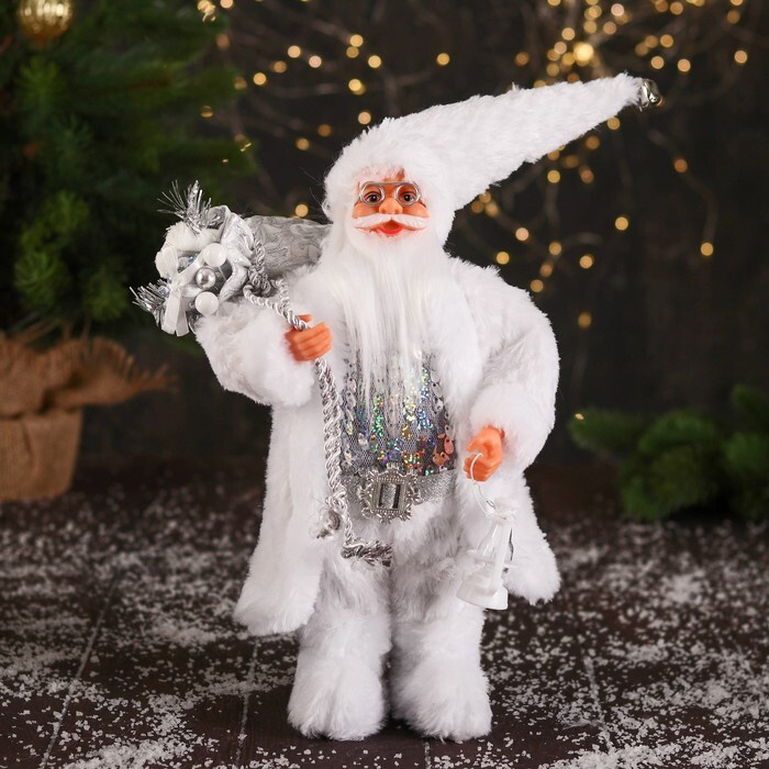 Дед Мороз "В кафтане с пайетками и с фонариком" 30 см, серебристо-белый  #1