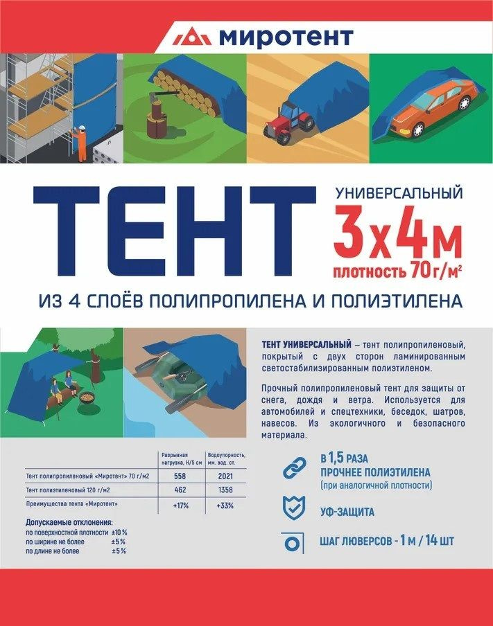 Тент туристический 3х4 м (12 м2) Миротент 70 г/м2 полог тарпаулин с люверсами, укрывной защитный брезент #1