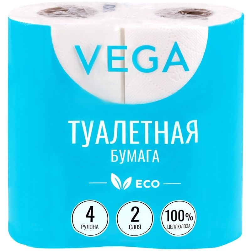 Бумага туалетная Vega 2-слойная, 4 шт, эко, 15 м, тиснение, белая, 100% целлюлоза (315618)  #1