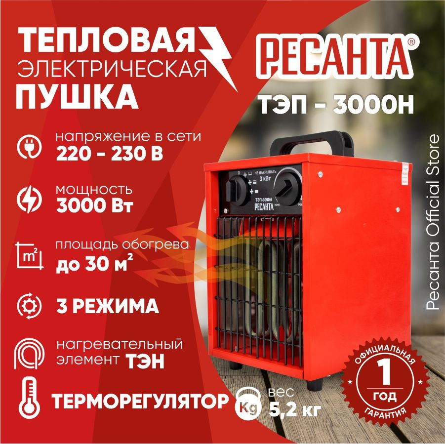 Тепловая электрическая пушка ТЭП-3000Н компактная Ресанта / 3000 Вт  #1