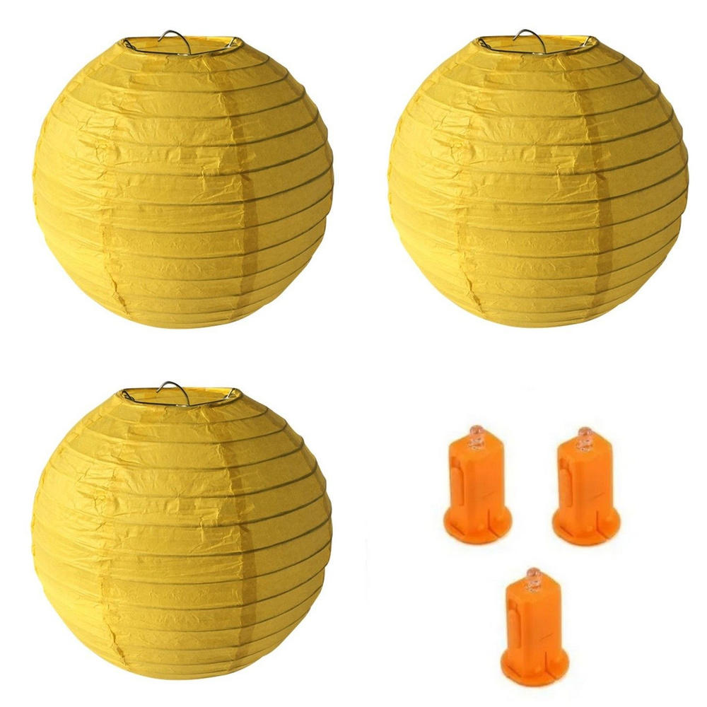 Набор подвесных бумажных фонариков ярко-желтый, диаметр 40 см, 3 шт и 3 светодиода  #1