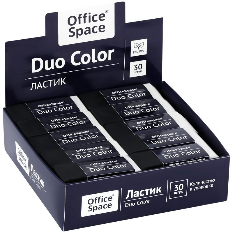 Ластик OfficeSpace Duo Color (прямоугольный, эко-ПВХ, 59x21x10мм) 30шт. (ER_45453)  #1