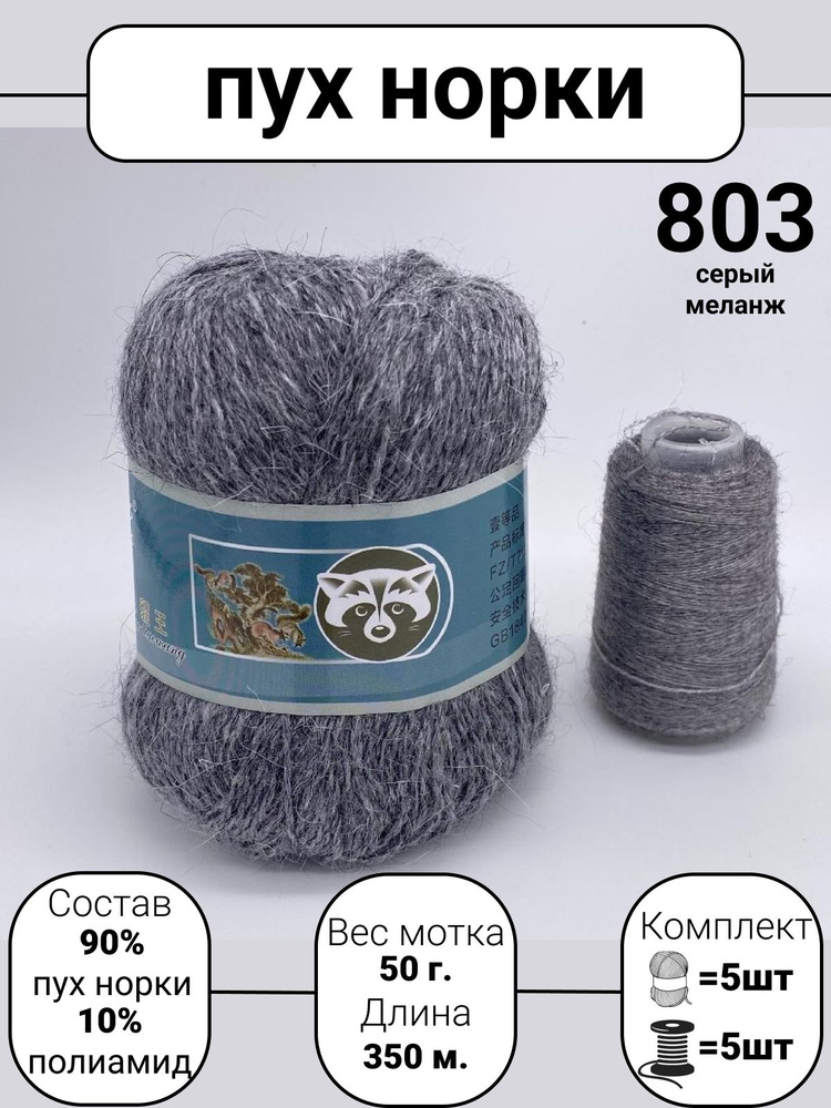 Пряжа Mink Wool Пух норки 50г, 350м (цвет 803 серый меланж), 5шт+дополнительная нить  #1