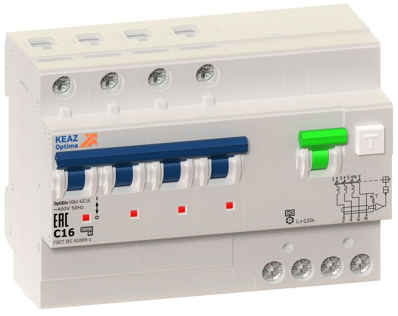 Выключатель автоматический дифференциального тока 4п C 32А 30мА тип A 6кА OptiDin VD63 УХЛ4 КЭАЗ 103479 #1