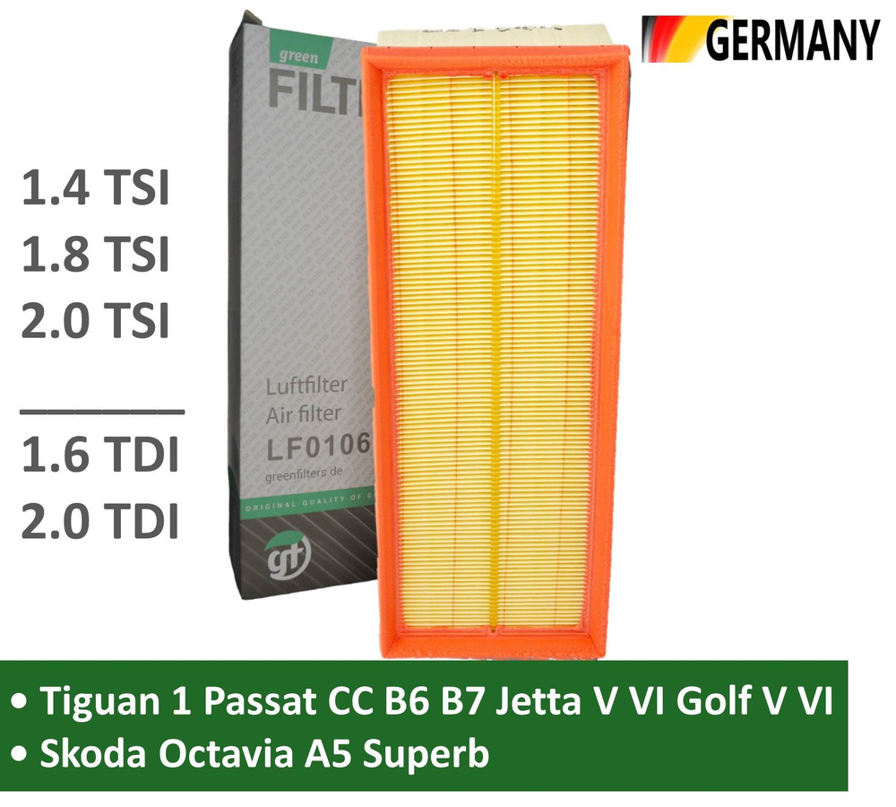 Воздушный фильтр Greenfilter LF0106 Фольксваген Тигуан 1 Пассат CC B6 B7 Джетта 5 6 Гольф 5 6 Кэдди Шкода #1