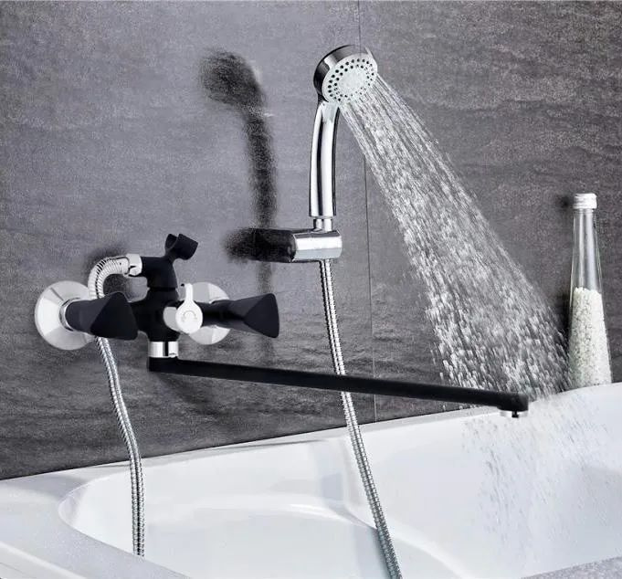 Смеситель для ванны черный с душем латунь двухвентильный с длинным изливом Rusant RV6023505-022-07  #1