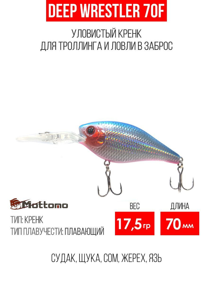 Воблер для рыбалки Mottomo Deep Wrestler 70F 17,5g Red Blue, крэнк плавающий для спиннинга. Приманка #1