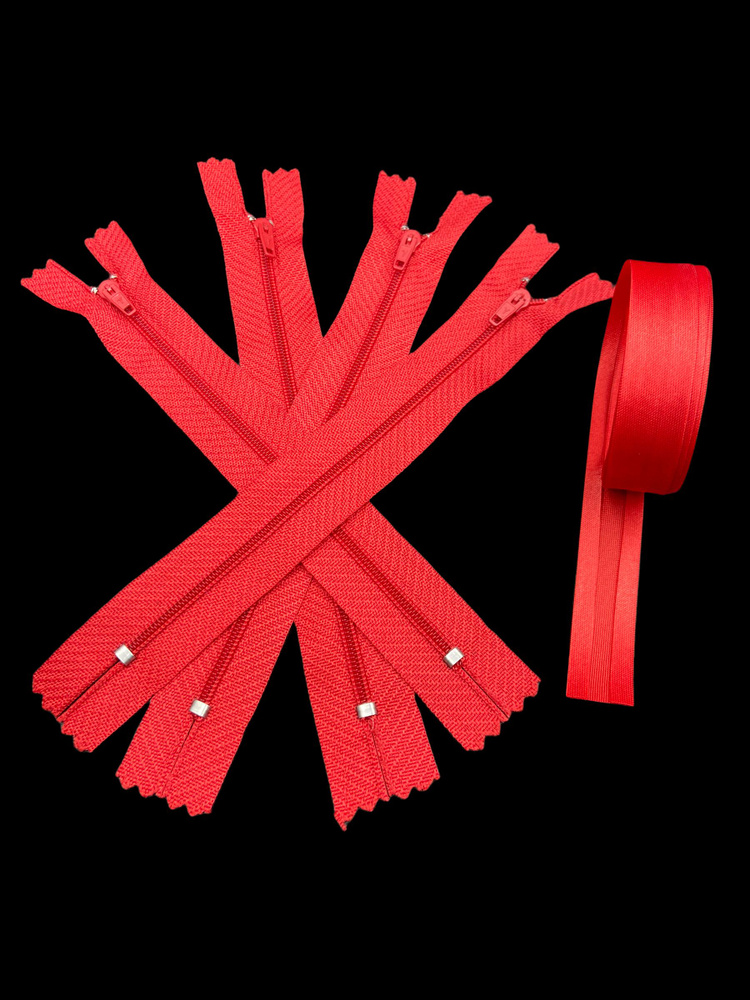 Молния спираль и косая бейка: набор-молния 16см(4шт.) неразъемная, полуавтомат, цв.красный, косая бейка-1м #1