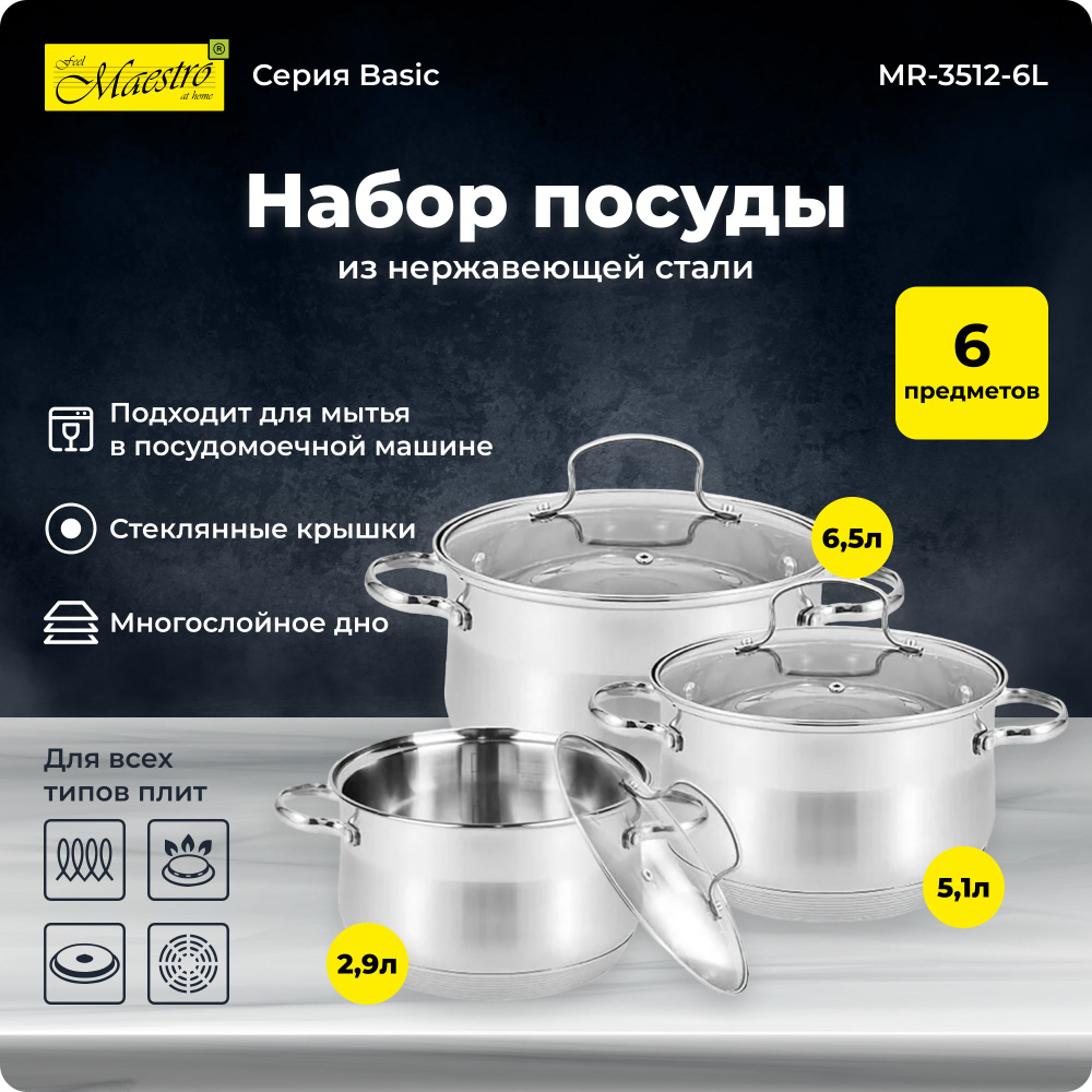 Набор посуды Maestro Basic из нерж. стали, 6 предметов (MR-3512-6L) #1