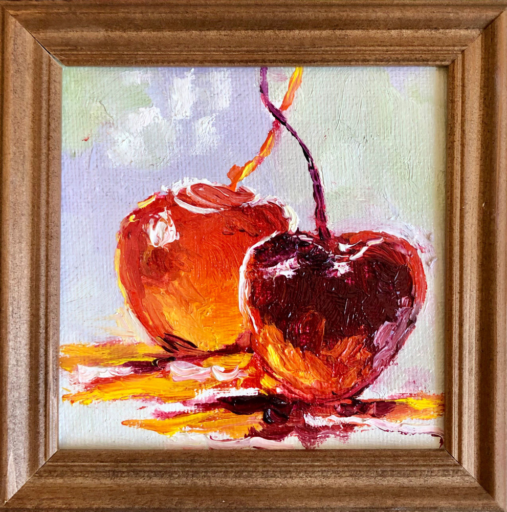 Картина "Спелые вишни, Миниатюра фрукты и ягоды в раме, ручная работа", 10 х 10 см  #1
