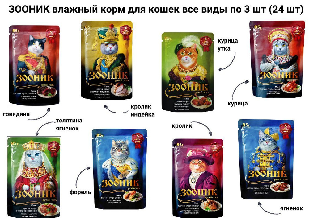 Зооник Влажный корм для кошек в соусе все вкусы 8 видов по 3 шт (24 шт)  #1