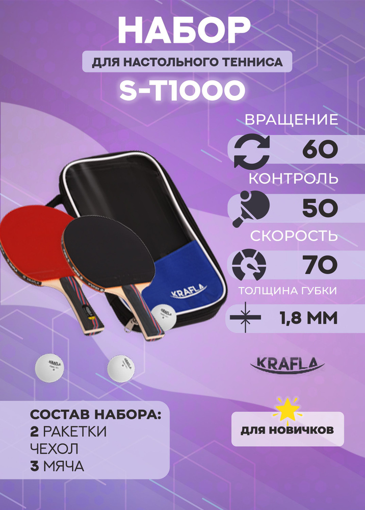 Набор Krafla S-T1000 для настольного тенниса: ракетка (2шт), мяч (3шт)  #1