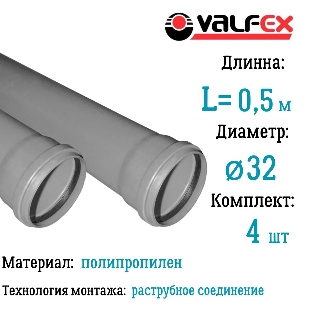 Труба BASE для внутренней канализации VALFEX Ф32 длина 0,50 м (комплект 4 шт)  #1