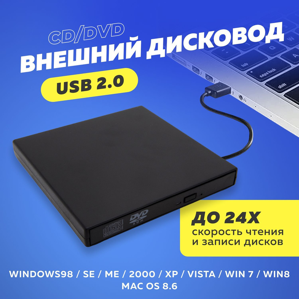 Внешний оптический CD/DVD привод (дисковод) USB 2.0 для ПК, ноутбука ...