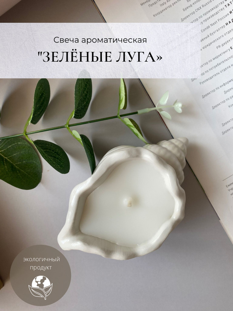 Свеча ракушка / ароматическая / Krupka candles "Зеленые луга" / в гипсовом подсвечнике / интерьерная #1