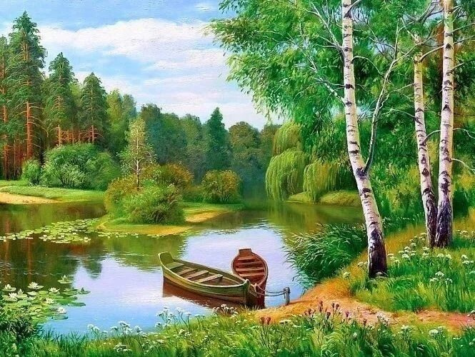 Картина по номерам на холсте с подрамником 40х50 Лодки у реки. Природа. Пейзаж. Лето. Цветы  #1