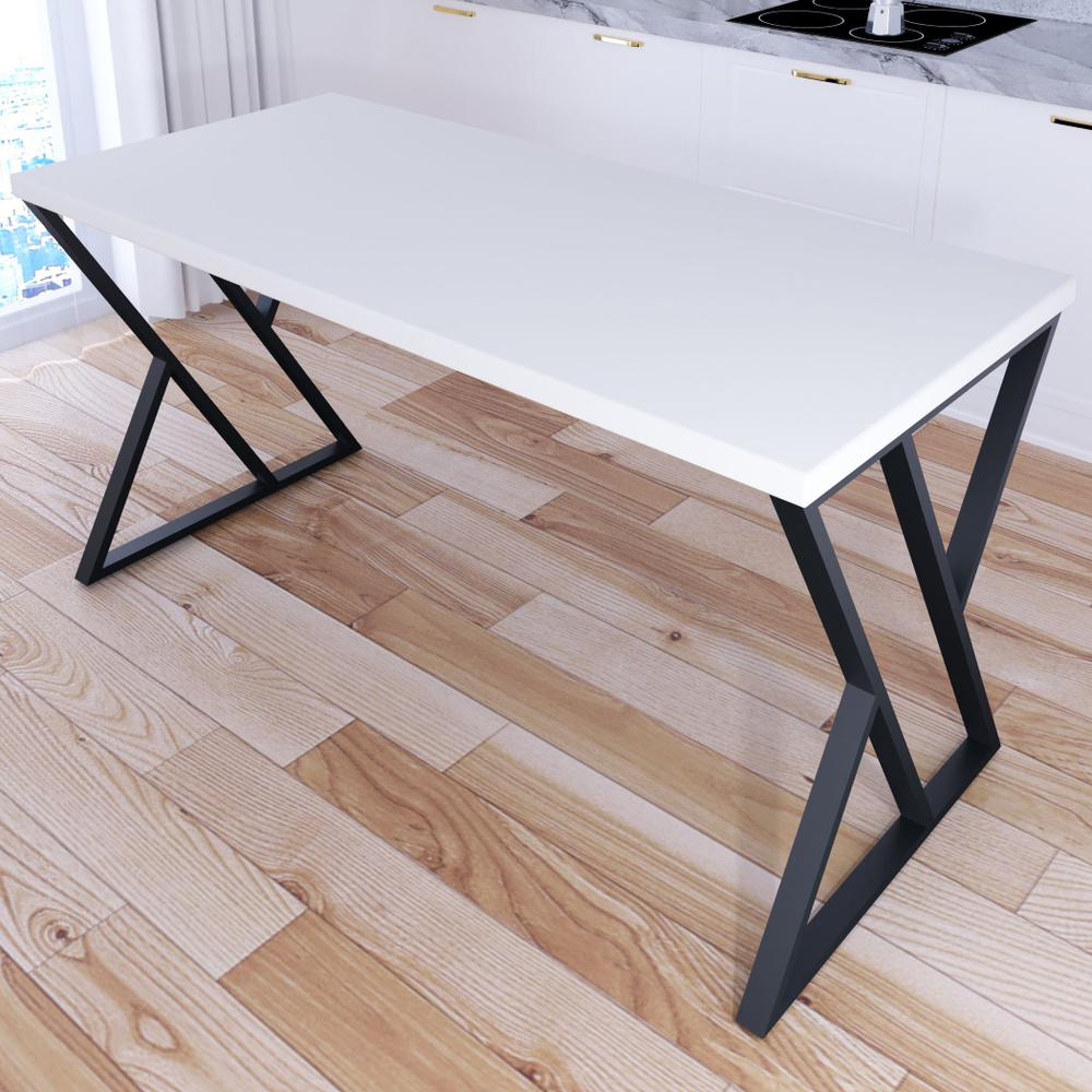 Стол кухонный Loft со столешницей белого цвета из массива сосны 40 мм и черными металлическими Z-образными #1