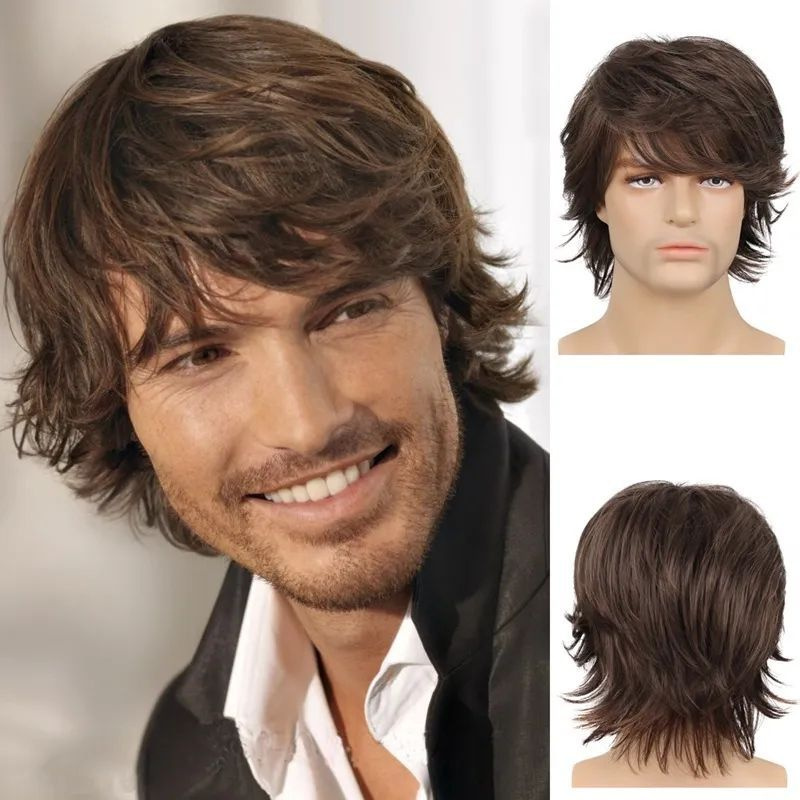 Модный мужской коричневый пушистый длинный парик с челкой  #1