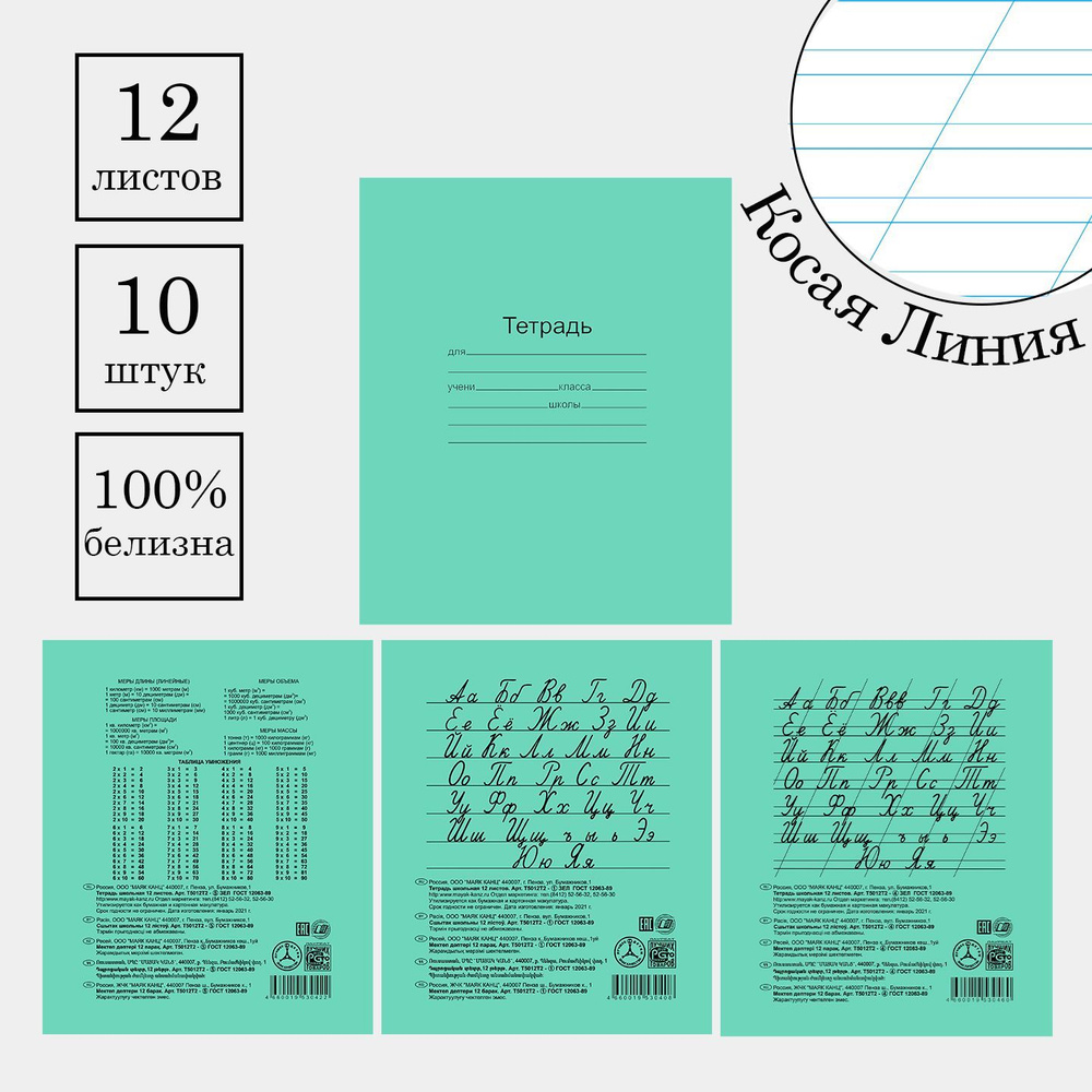 Тетрадь 12 листов в Косую линию. Набор 10 штук. Белые листы, Белизна 100%"Зелёная обложка"  #1