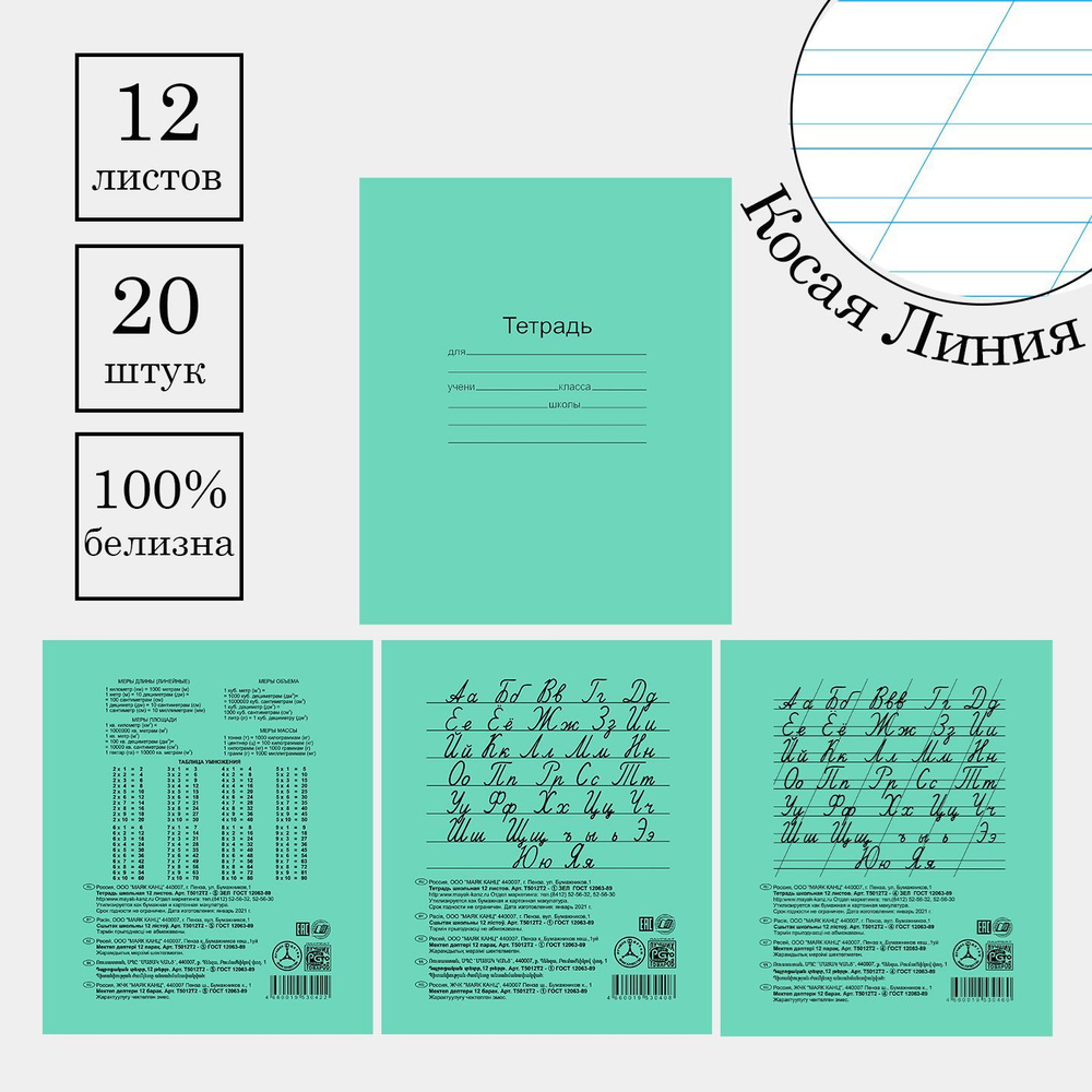 Тетрадь 12 листов в Косую линию. Набор 20 штук. Белые листы, Белизна 100%"Зелёная обложка"  #1