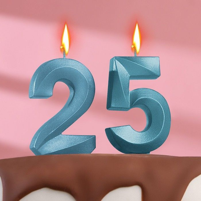 Свеча для торта юбилейная "Грань" (набор 2 в 1), цифра 25 / 52, голубой металлик, 7.8 см  #1