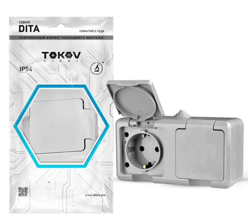 Розетка 2-м ОП Dita 16А IP54 250В с заземл. с крышкой сер. TOKOV ELECTRIC TKL-DT-R2Z-C06-IP54  #1