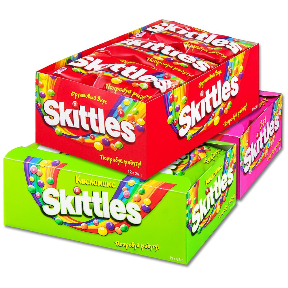 Жевательные конфеты драже Skittles Ассорти 3 вида: Фруктовый вкус, 2в1, Кисломикс, 38 г, 36 шт.  #1